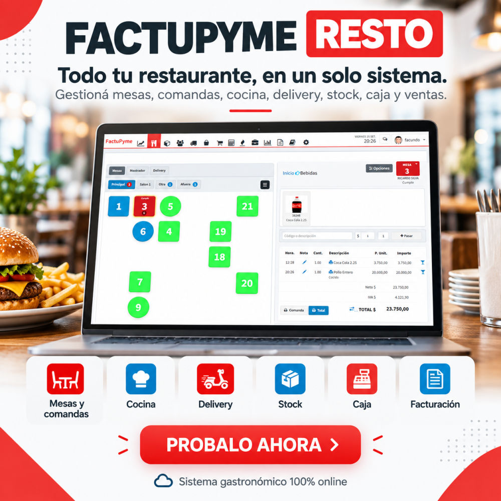 FactuPyme Resto: mesas, comandas, cocina, delivery, stock, caja y facturación